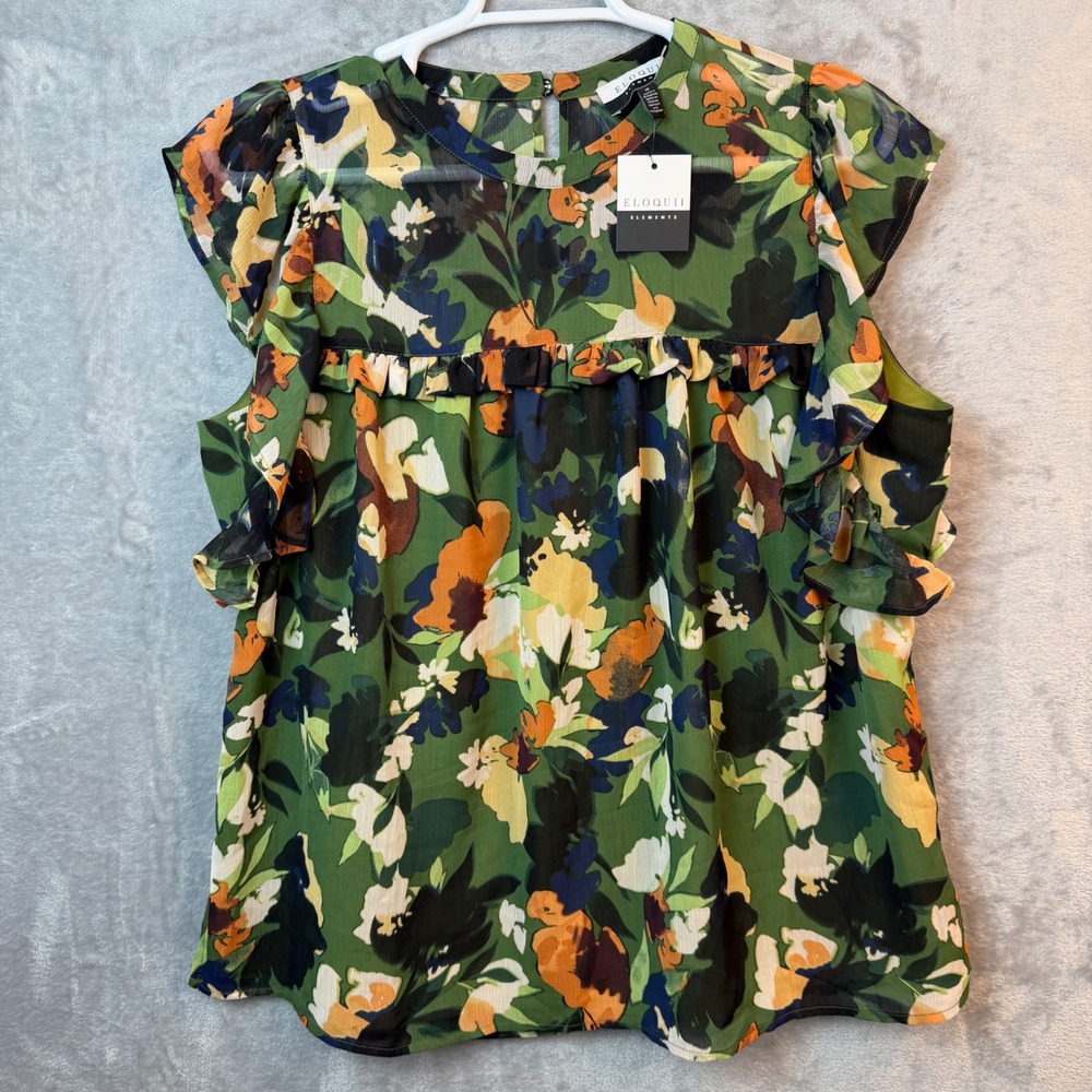 Eloquii Elements Green Floral Ruffle Flutter Sleeve Blouse Top Size 18 NEW